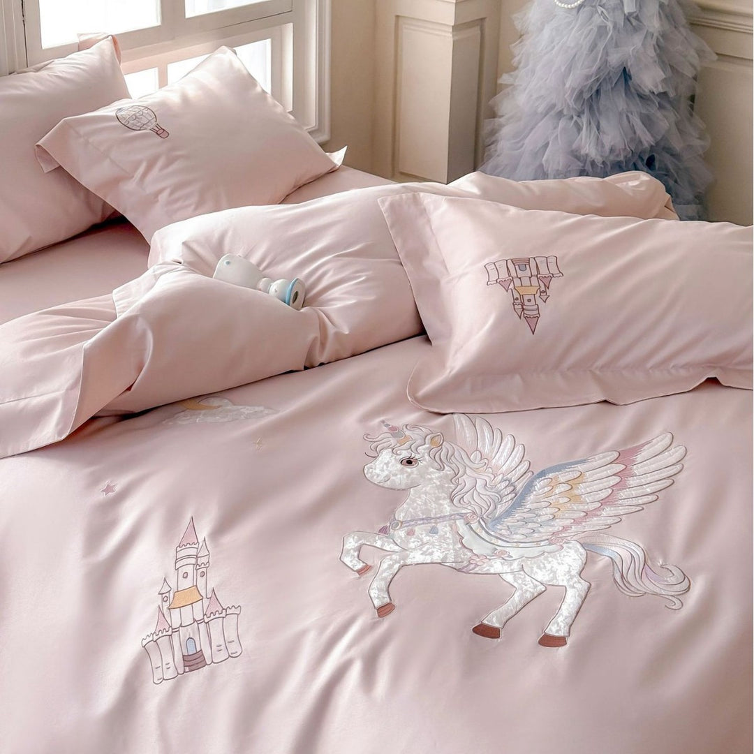 Fantasy Satin Duvet Cover Set with Embroidered Pegasus and Castle Motifs