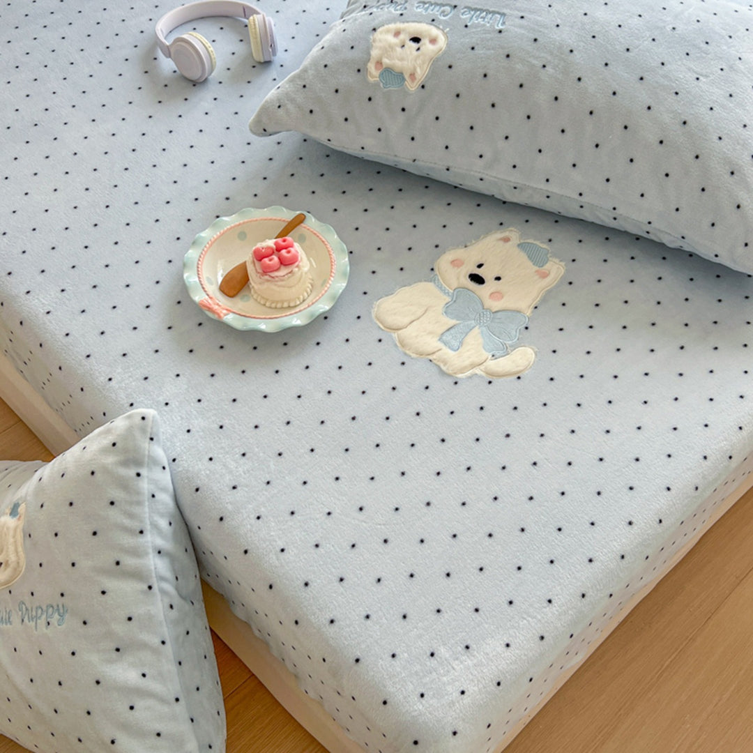 Plush Fitted Sheet and Pillowcase Set with Embroidered Kitten Plush Microfleece