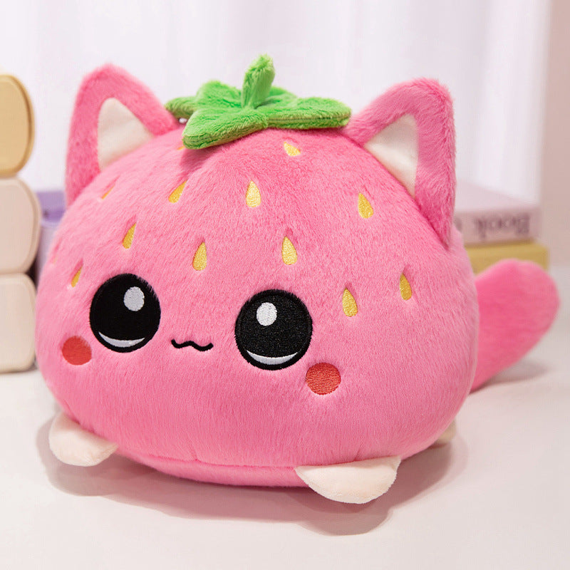 Round Strawberry Cat Plush Cushion with Embroidered Face Leaf Top & Soft Bean-Fill Stornfield