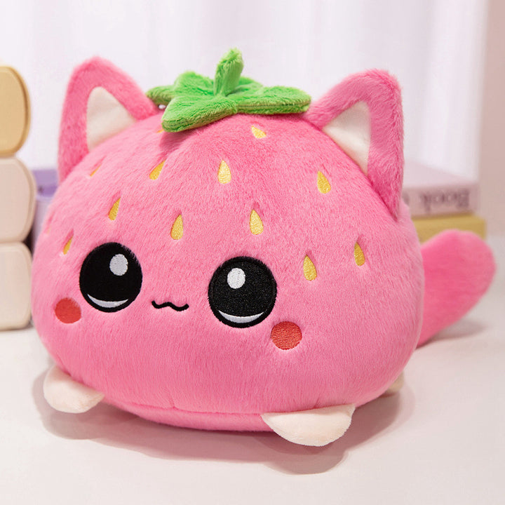 Round Strawberry Cat Plush Cushion with Embroidered Face Leaf Top & Soft Bean-Fill Stornfield