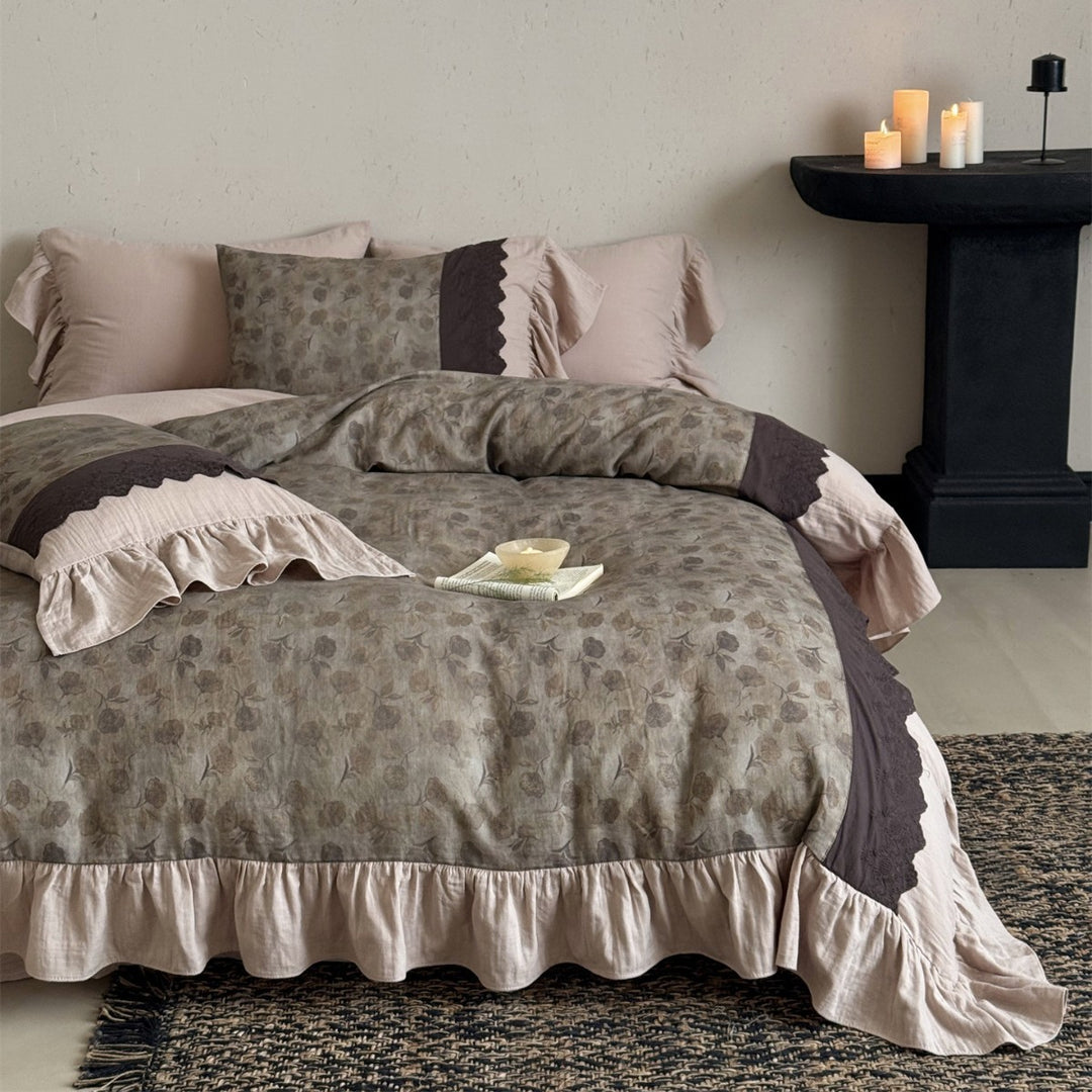 Ruffled Floral Cotton-Linen Blend Duvet Cover Set with Scalloped Embroidered Trim