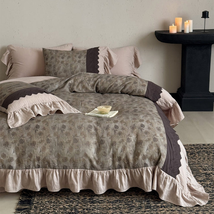 Ruffled Floral Cotton-Linen Blend Duvet Cover Set with Scalloped Embroidered Trim