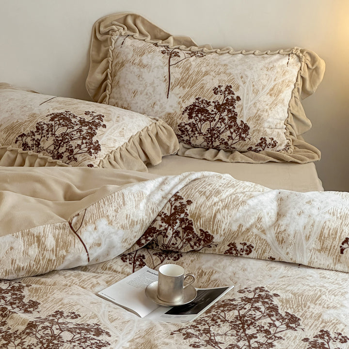 Floral Embroidered Ruffled Velvet-Trim Duvet Cover Set