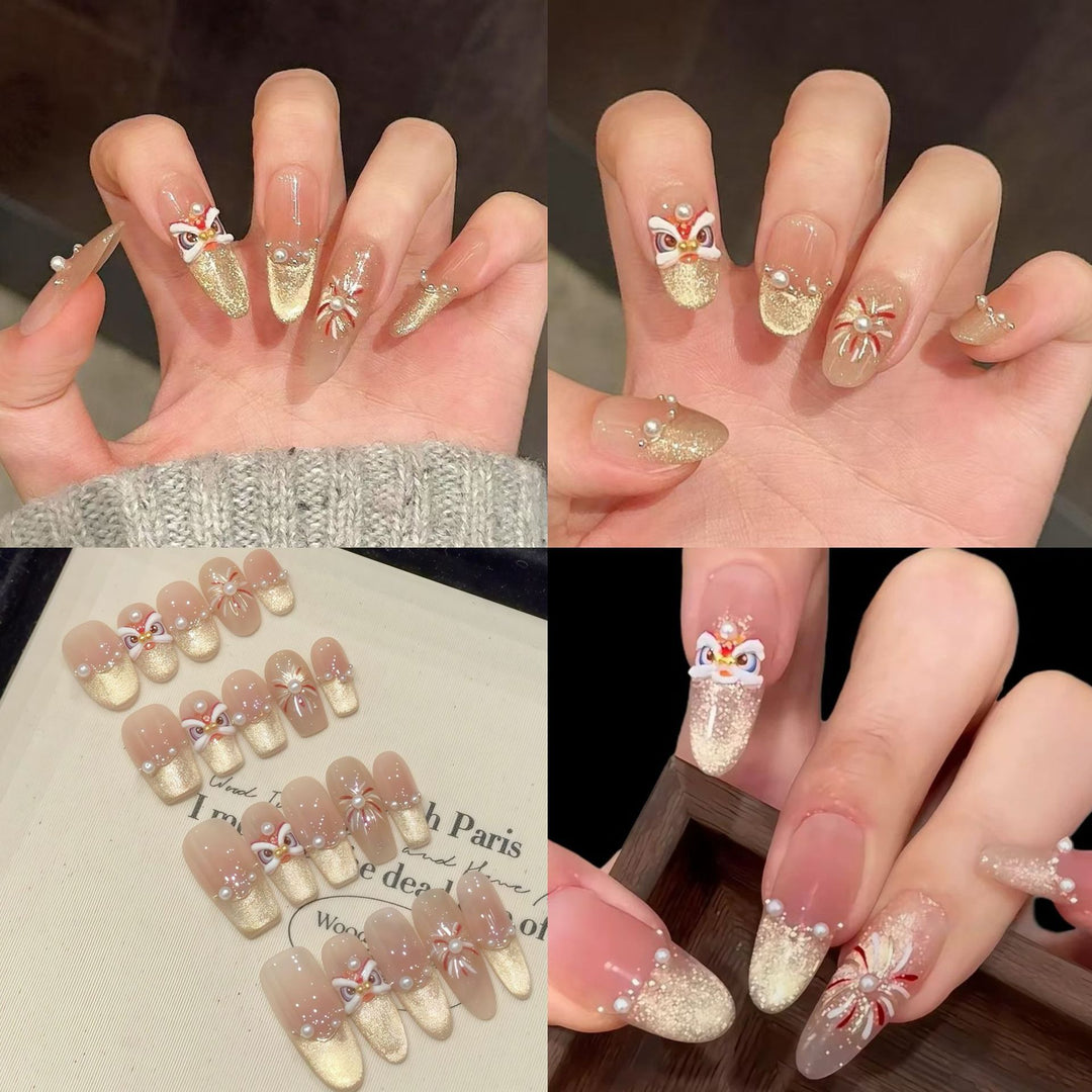 Decorative Press-On Nail Art Set with 3D Floral and Gem Accents