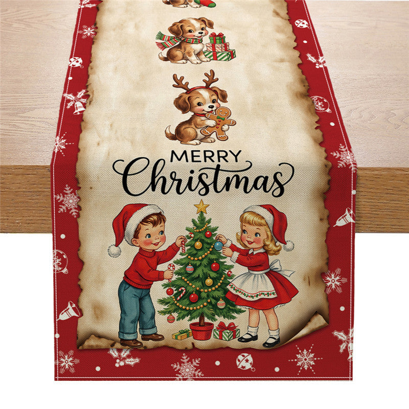 Festive Cotton-Linen Christmas Table Runner with Santa Truck and Snowman Illustration