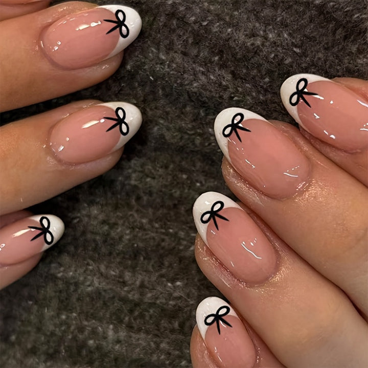 Stylish French Tip Press-On Nails with Bow Design Stornfield