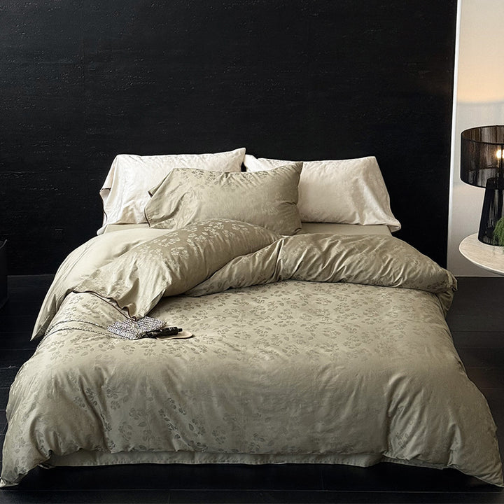Subtle Floral Jacquard Duvet Cover Set with Piped Oxford Shams & Hidden Zipper