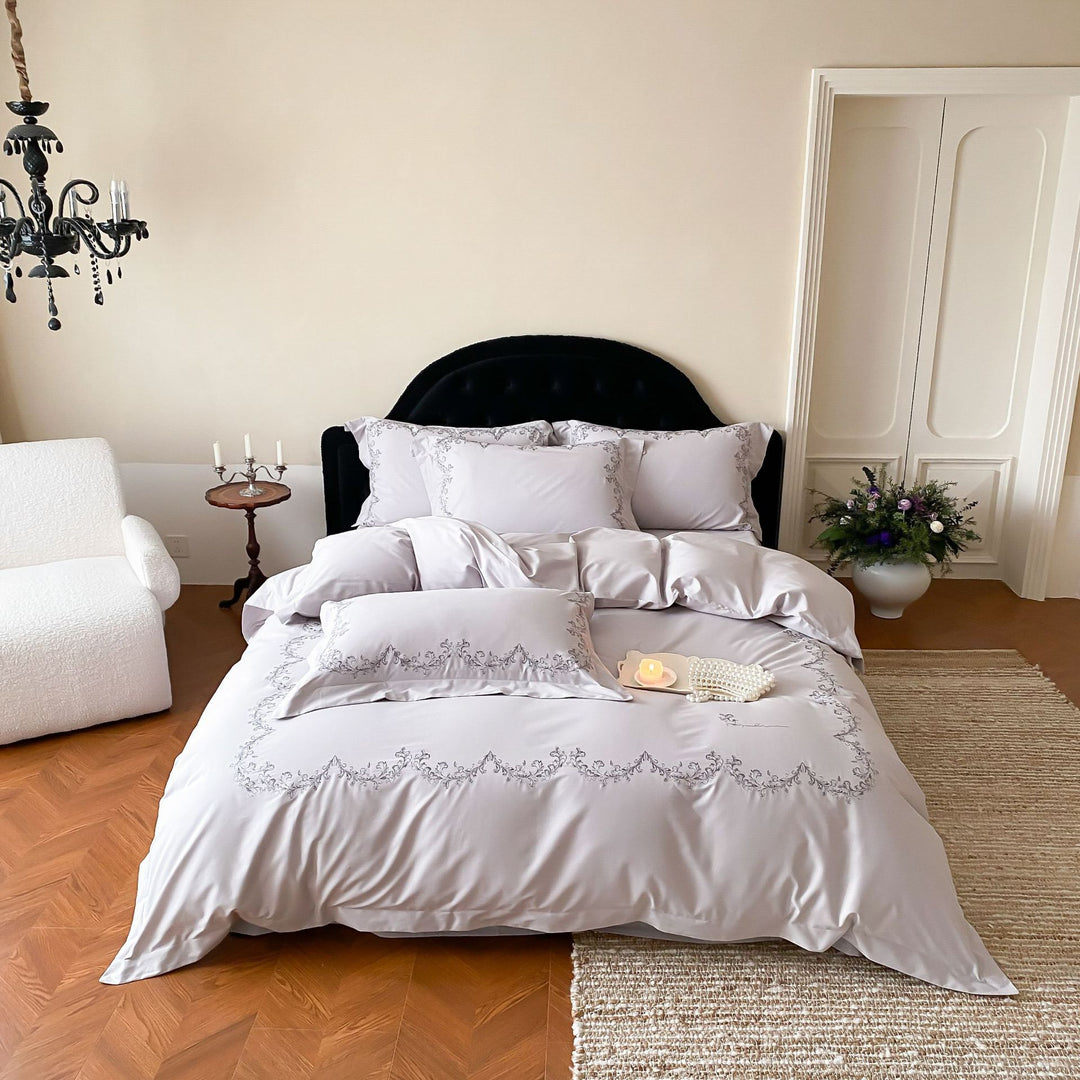 Embroidered Cotton Sateen Duvet Cover Set with Decorative Shams and Pillowcases