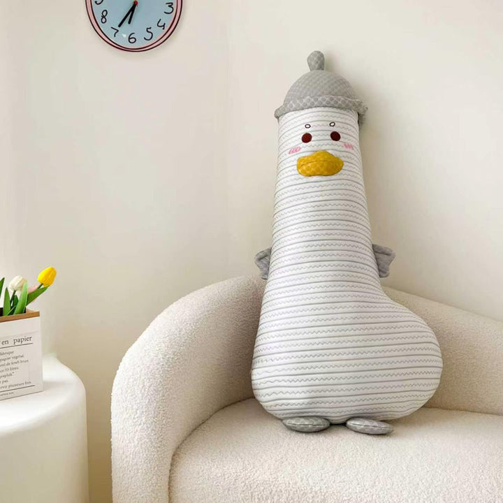 Large cuddly duck body pillow with hat and striped cotton cover