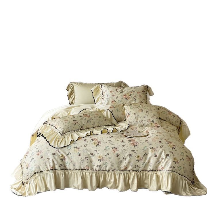 Ruffled Floral Cotton-Linen Blend Duvet Cover Set with Skirted Ruffle and Contrasting Piped Edge