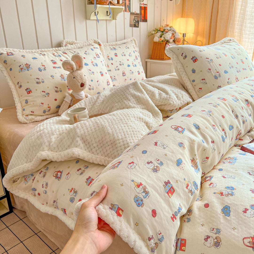 Plush Reversible Sherpa Duvet Cover Set with Quilted Waffle Comforter and Scalloped Pillow Shams