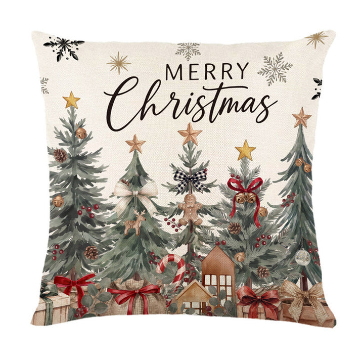 Christmas Decorative Throw Pillow Cover Linen-Cotton Blend Festive Tree Print