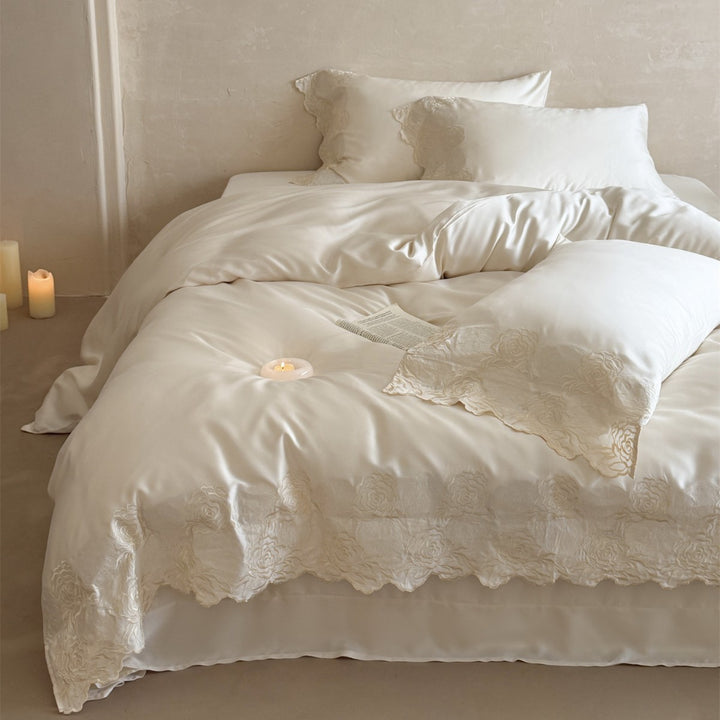 Luxury Embroidered Satin Duvet Cover Set with Scalloped Rose Lace Trim