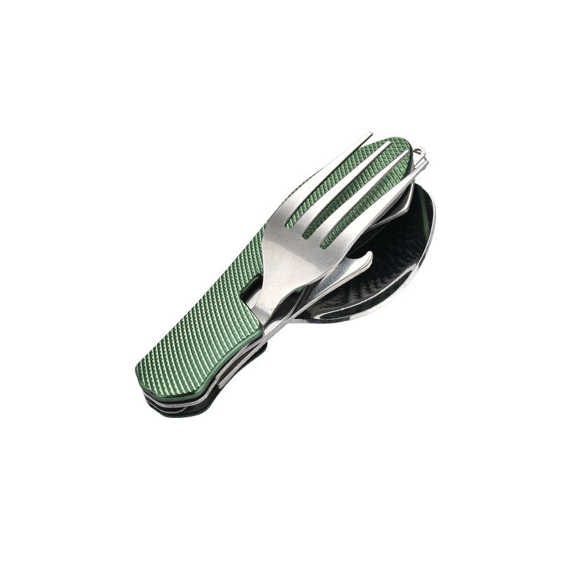 folding stainless steel camping cutlery set with textured grip locking hinge and compact travel clip Stornfield