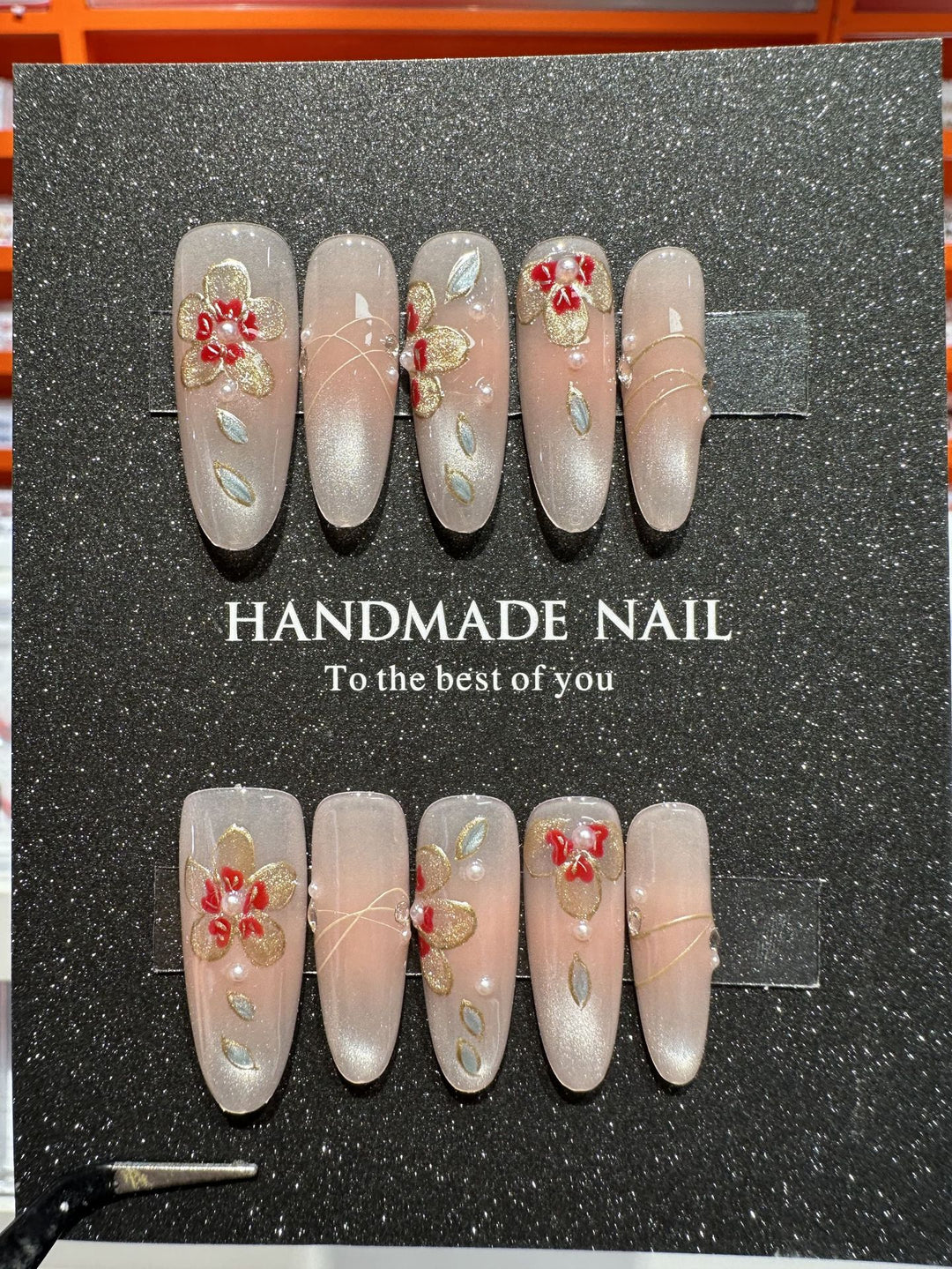 Handmade Floral Press-On Nail Set with 3D Floral and Gem Accents