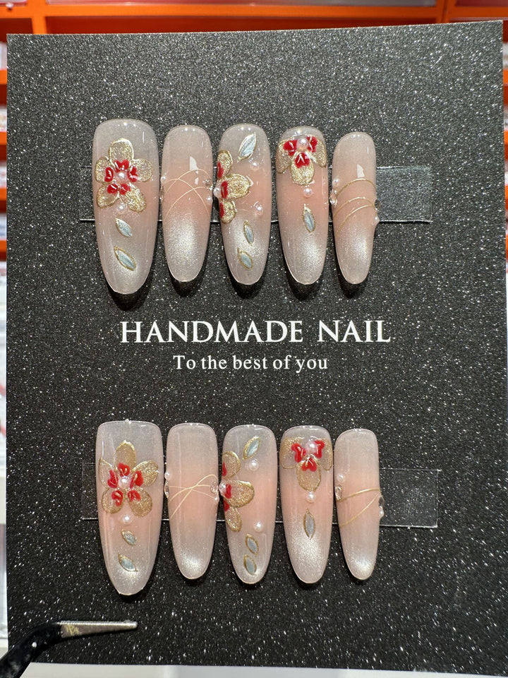 Handmade Floral Press-On Nail Set with 3D Floral and Gem Accents