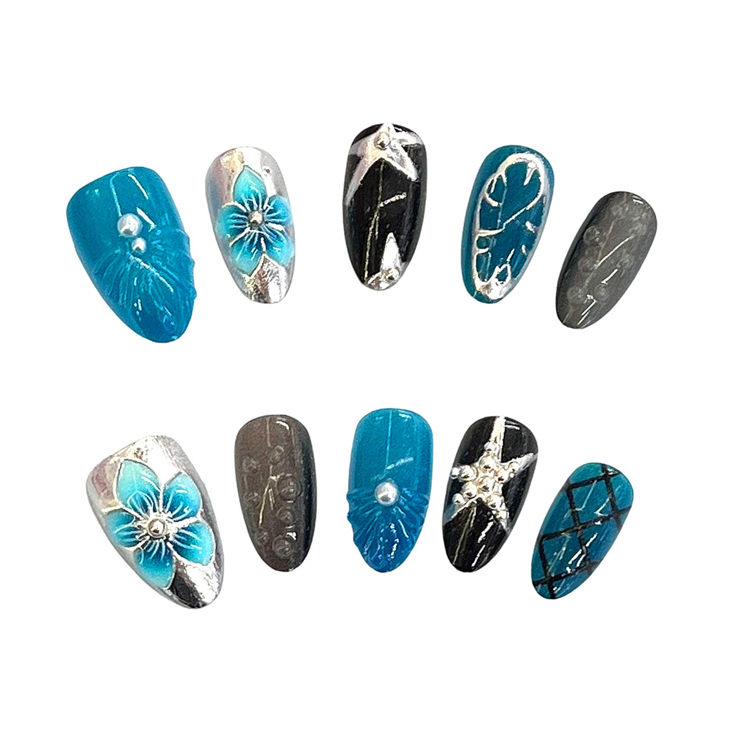 Artistic Press-On Nail Set with Floral Motifs Stornfield