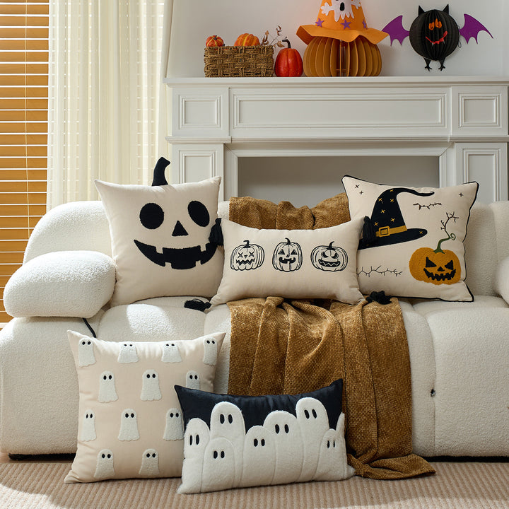 Tufted Chenille Ghost Appliqué Square Cushion Cover with Hidden Zipper