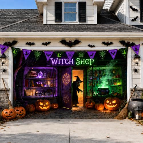 Large-format Halloween photo background made of weatherproof polyester with grommeted fastening edge and bright Haunted House motif