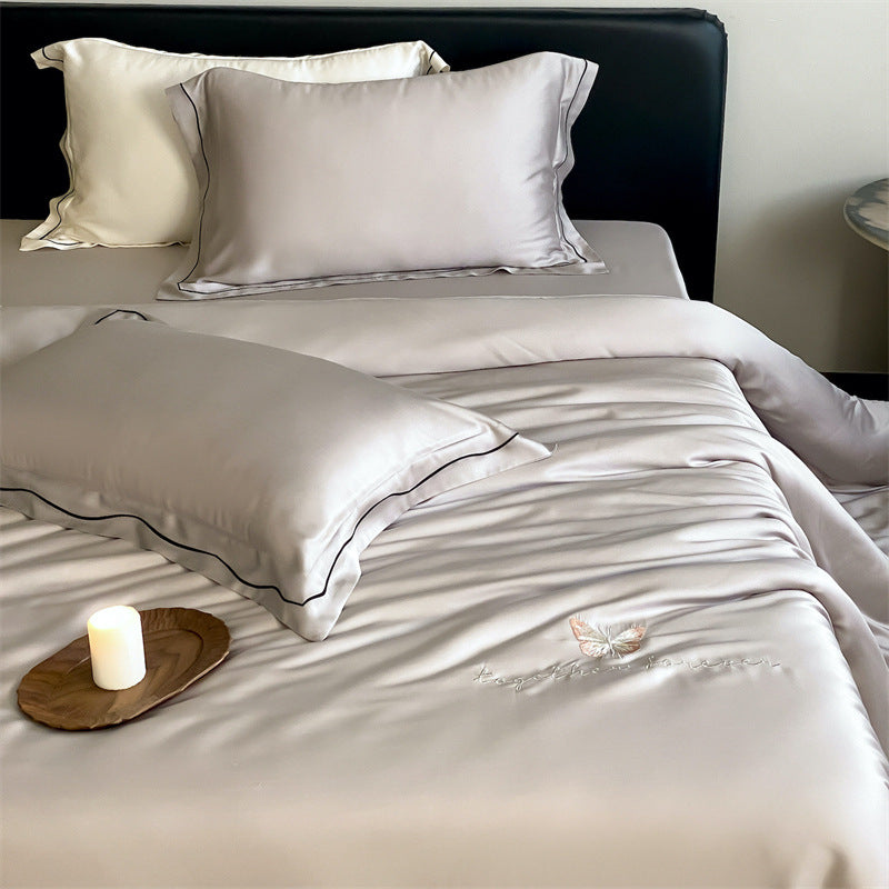 Elegant Satin Bedding Set with Fine Piping and Embroidered Butterfly