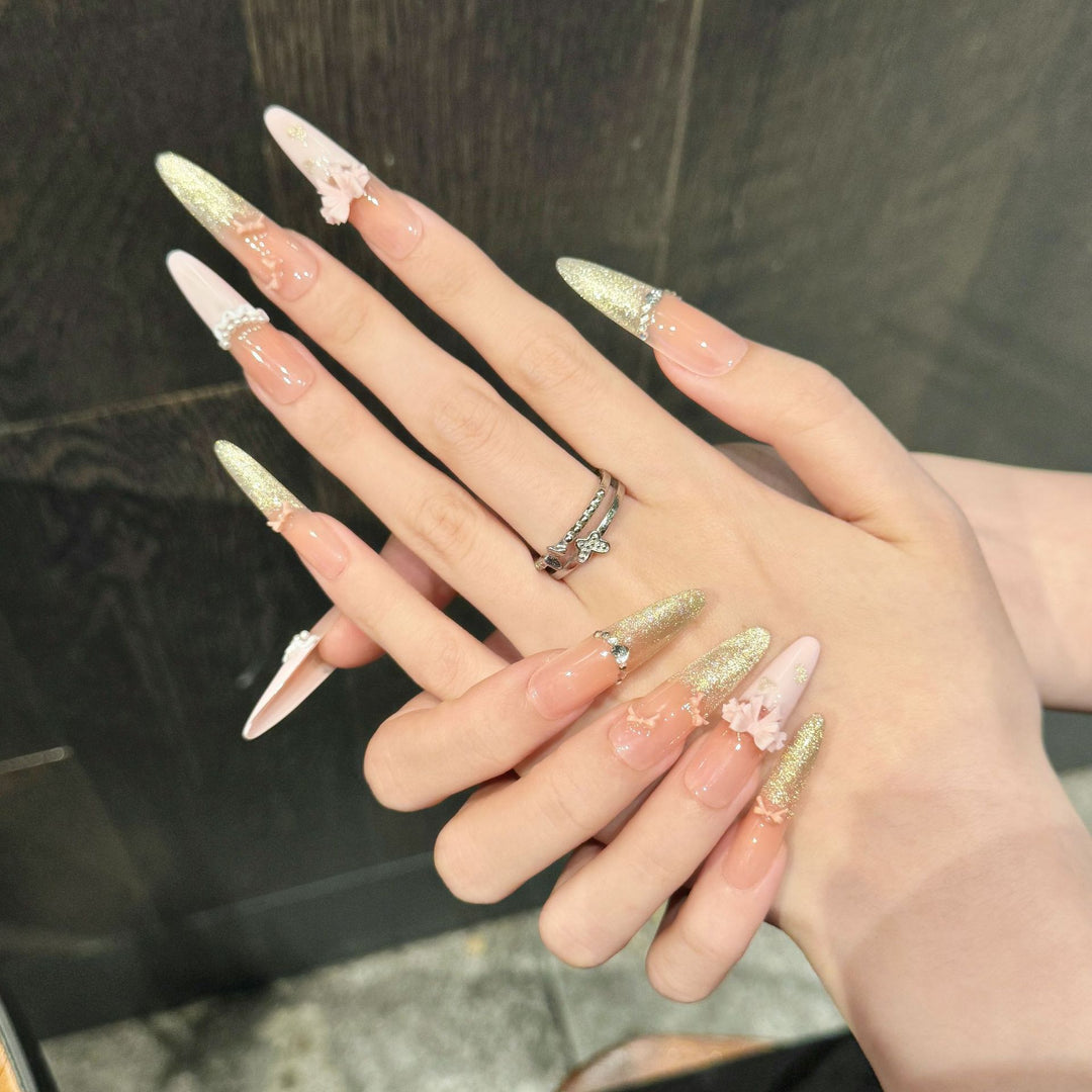 Elegant Stiletto Press-On Nail Set with Floral and Glitter Accents