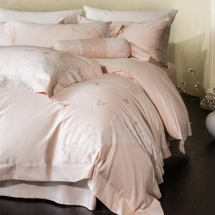 Butterfly Embroidered Lace-Trim Sateen Duvet Cover Set with Bolster Pillow