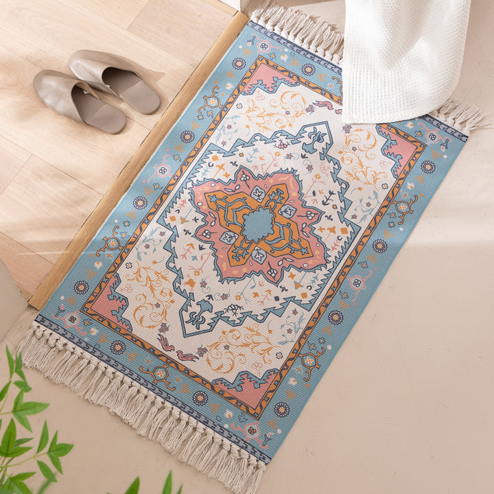 Woven oriental carpet runner with fringes and intricate medallion pattern Stornfield