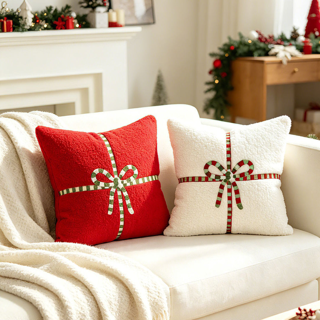 Holiday Textured Plush Throw Pillow with Embroidered Ribbon Bow