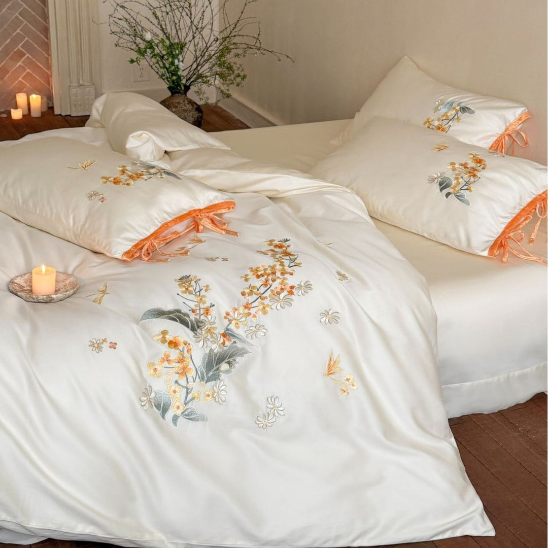 Botanical Embroidered Satin Duvet Cover Set with Ribbon-Tie Shams