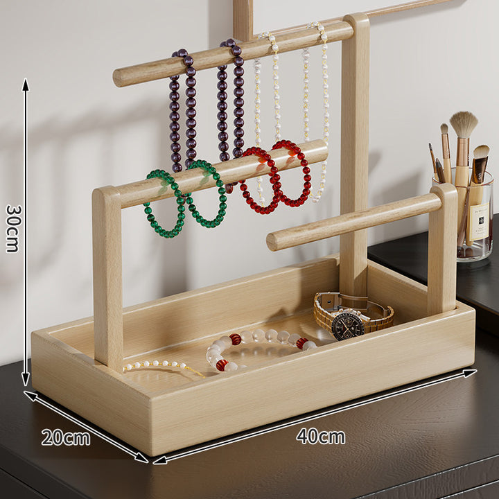 Wooden Jewelry Organizer with Dual Hanging Rails and Deep Storage Tray