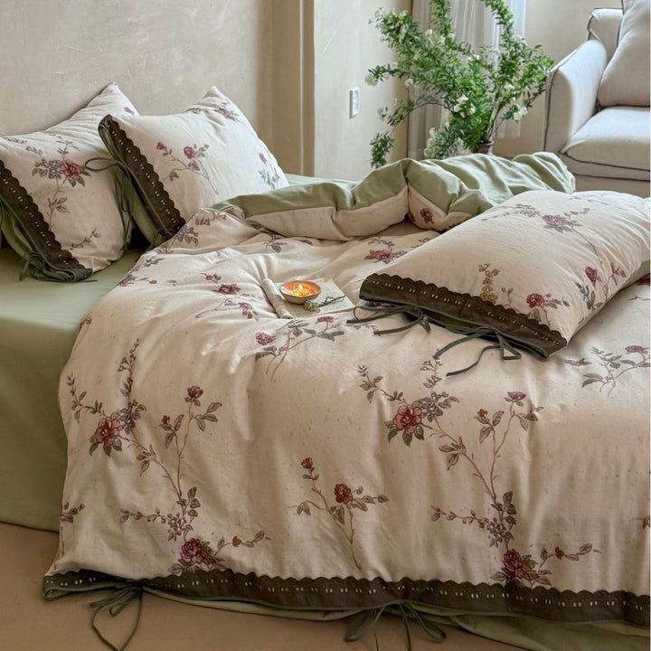 Floral Cotton-Linen Duvet Cover Set with Lace Trim and Ties