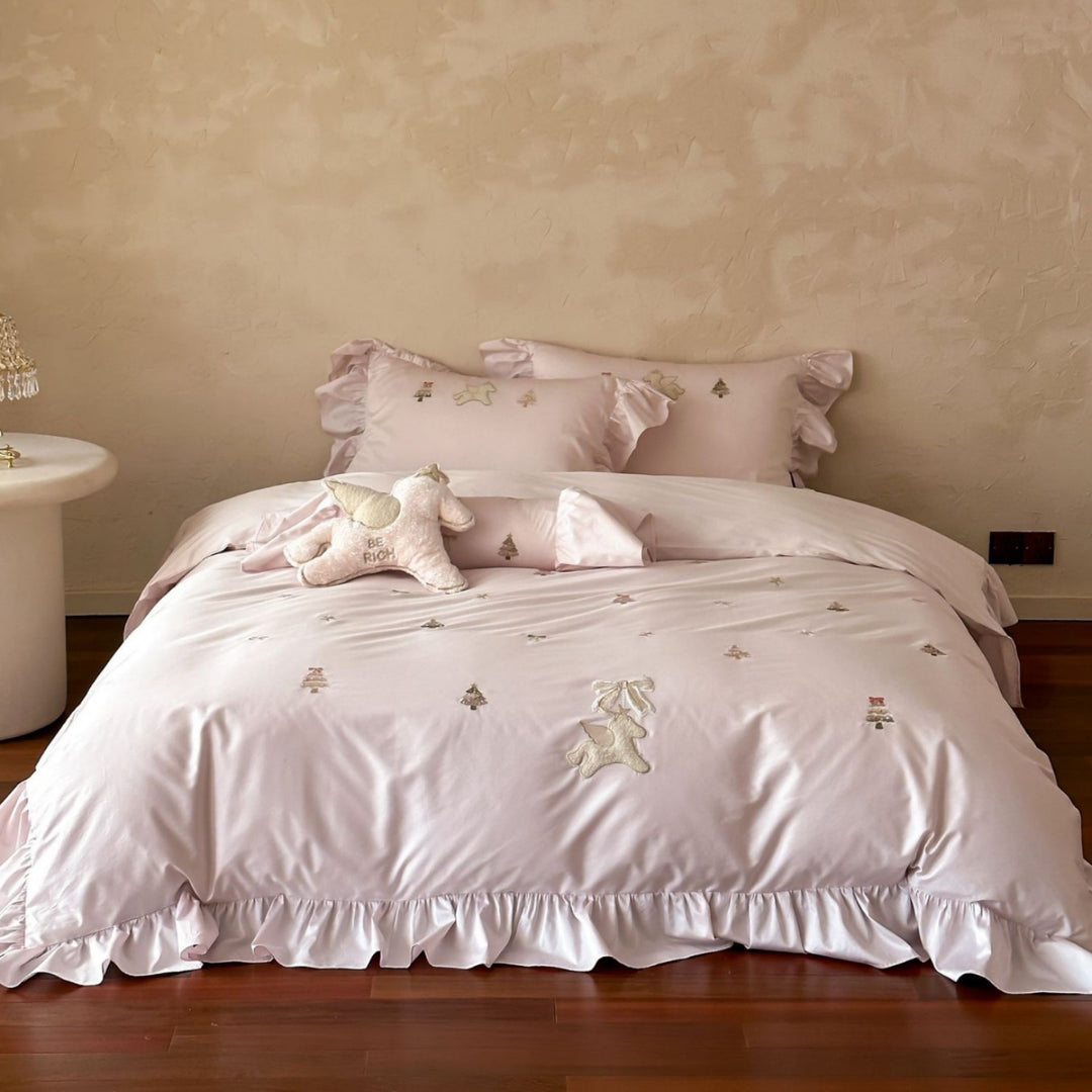 Ruffled Embroidered Cotton Sateen Duvet Cover Set with Appliqué Teddy & Bow Shams