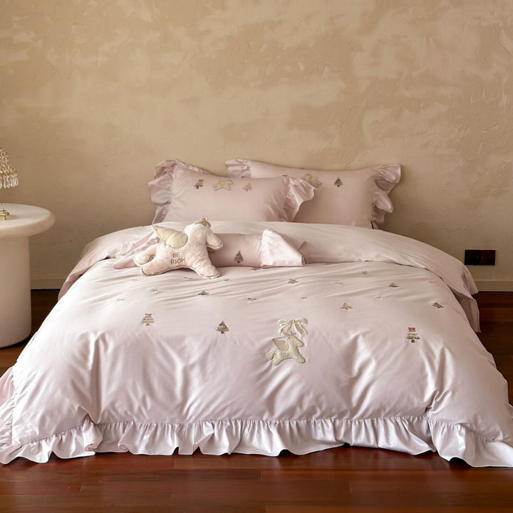 Ruffled Embroidered Cotton Sateen Duvet Cover Set with Appliqué Teddy & Bow Shams