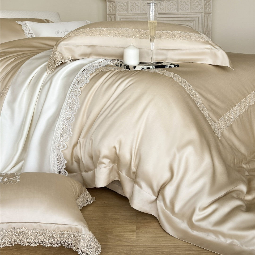 Silky Embroidered Floral Sateen Duvet Cover Set with Lace-Trim Shams
