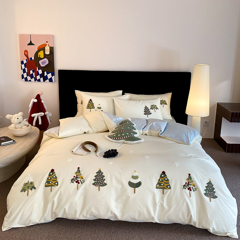 Embroidered Christmas Tree Cotton Sateen Duvet Cover Set