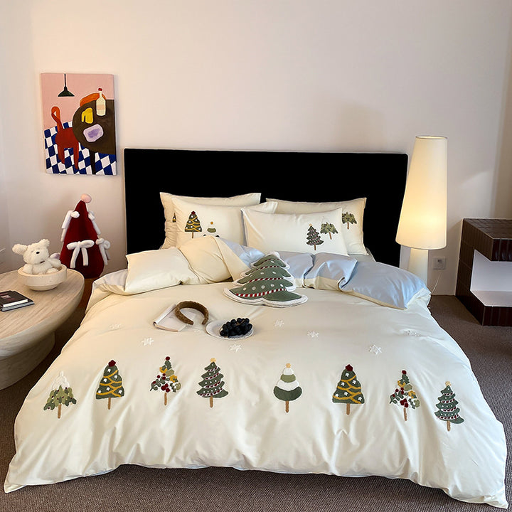 Embroidered Christmas Tree Cotton Sateen Duvet Cover Set