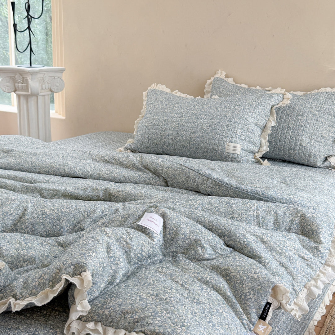 Quilted Floral Ruffled Bedding Set with Eyelet Lace Trim