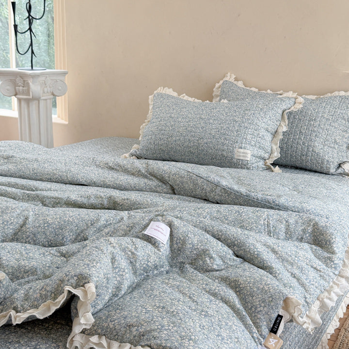 Quilted Floral Ruffled Bedding Set with Eyelet Lace Trim