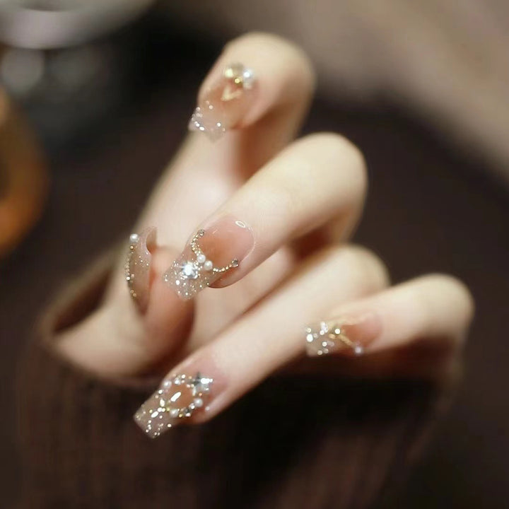 Elegant Decorative Press-On Nail Art Set with Gemstone Accents Stornfield