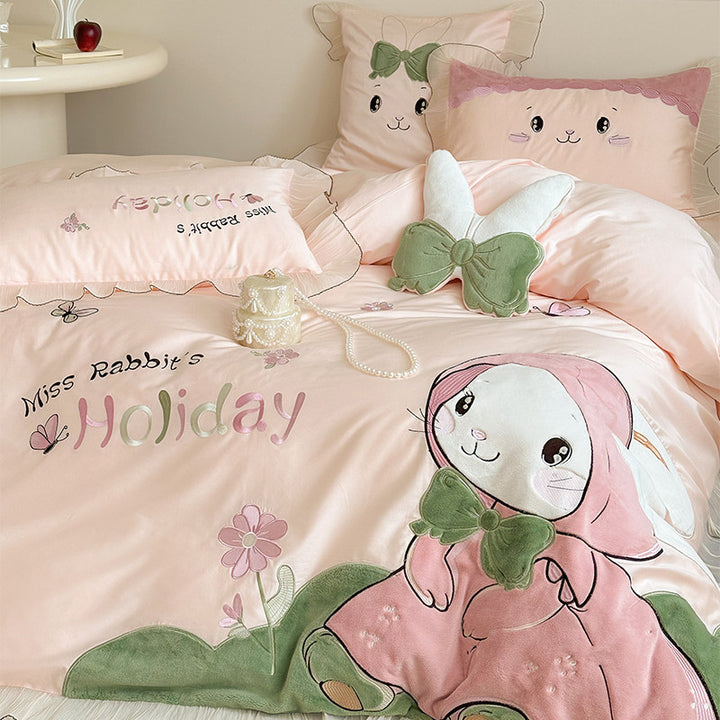 Rabbit Appliqué Cotton Sateen Duvet Cover Set with Plush Accents