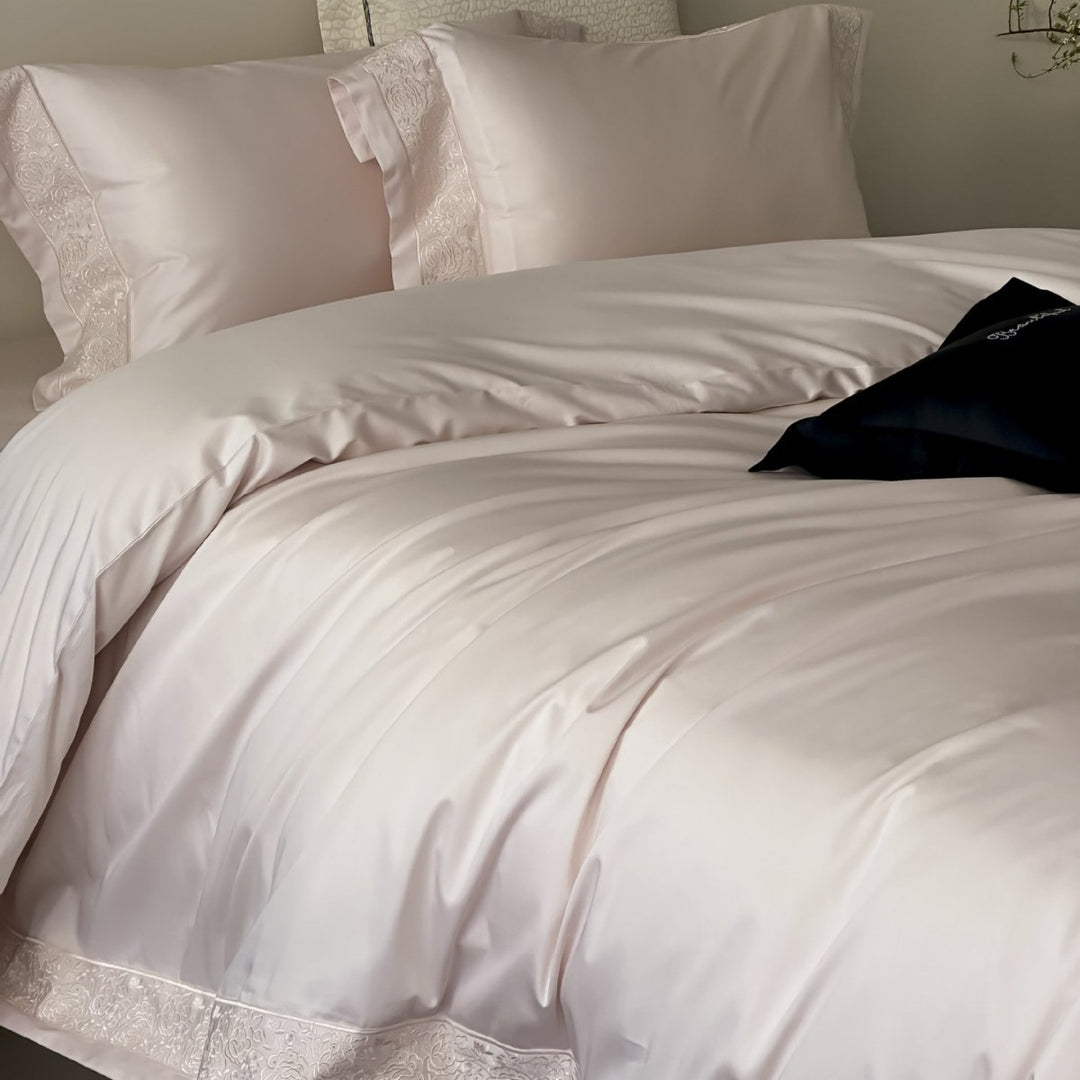 Luxury Satin-Feel Reversible Duvet Cover Set with Embroidered Hem and Pillow Shams