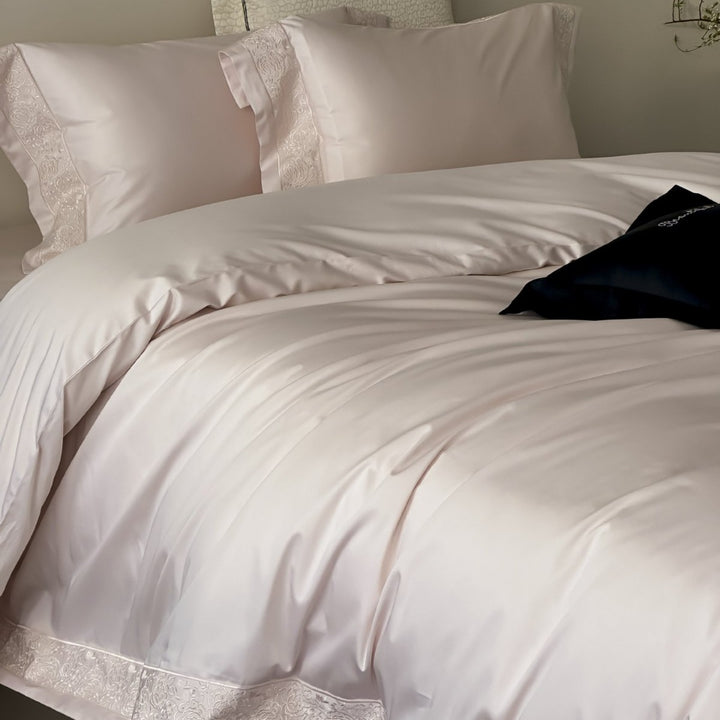 Luxury Satin-Feel Reversible Duvet Cover Set with Embroidered Hem and Pillow Shams
