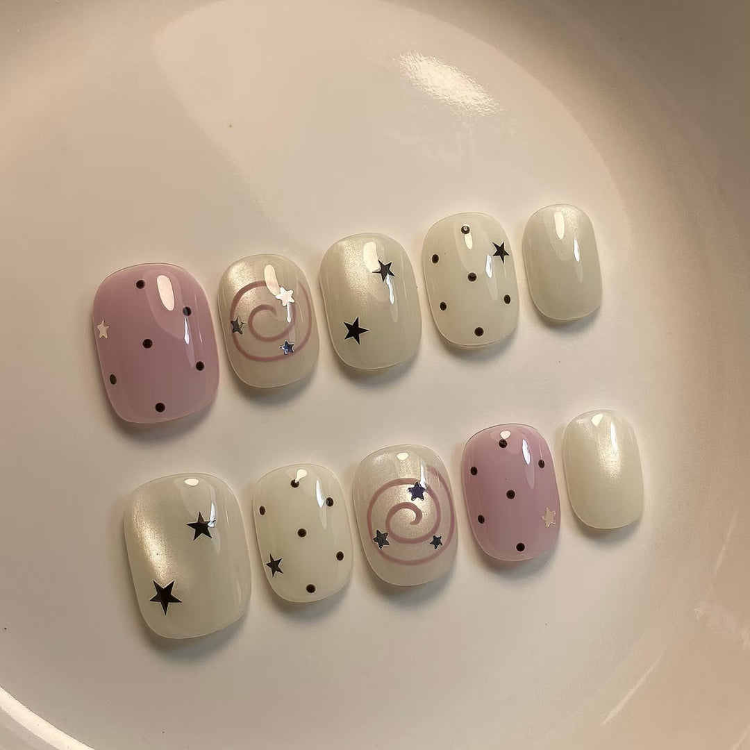 Decorative Press-On Nail Art Set with Whimsical Star and Dot Patterns
