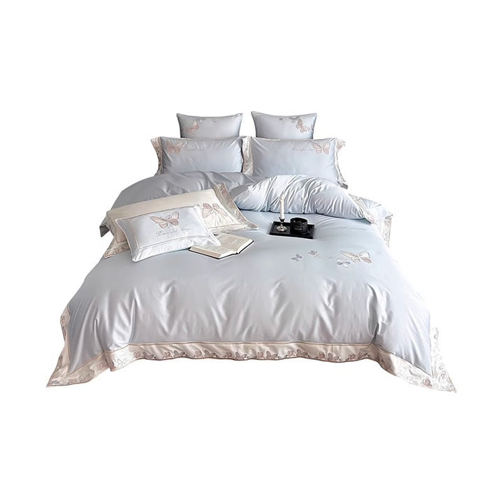 Satin-Feel Embroidered Butterfly Duvet Cover Bedding Set