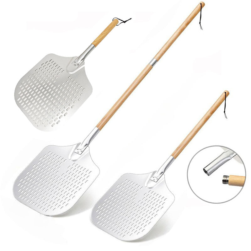 long-handled perforated pizza peel set with wooden handle stainless steel cutter and triangle server Stornfield