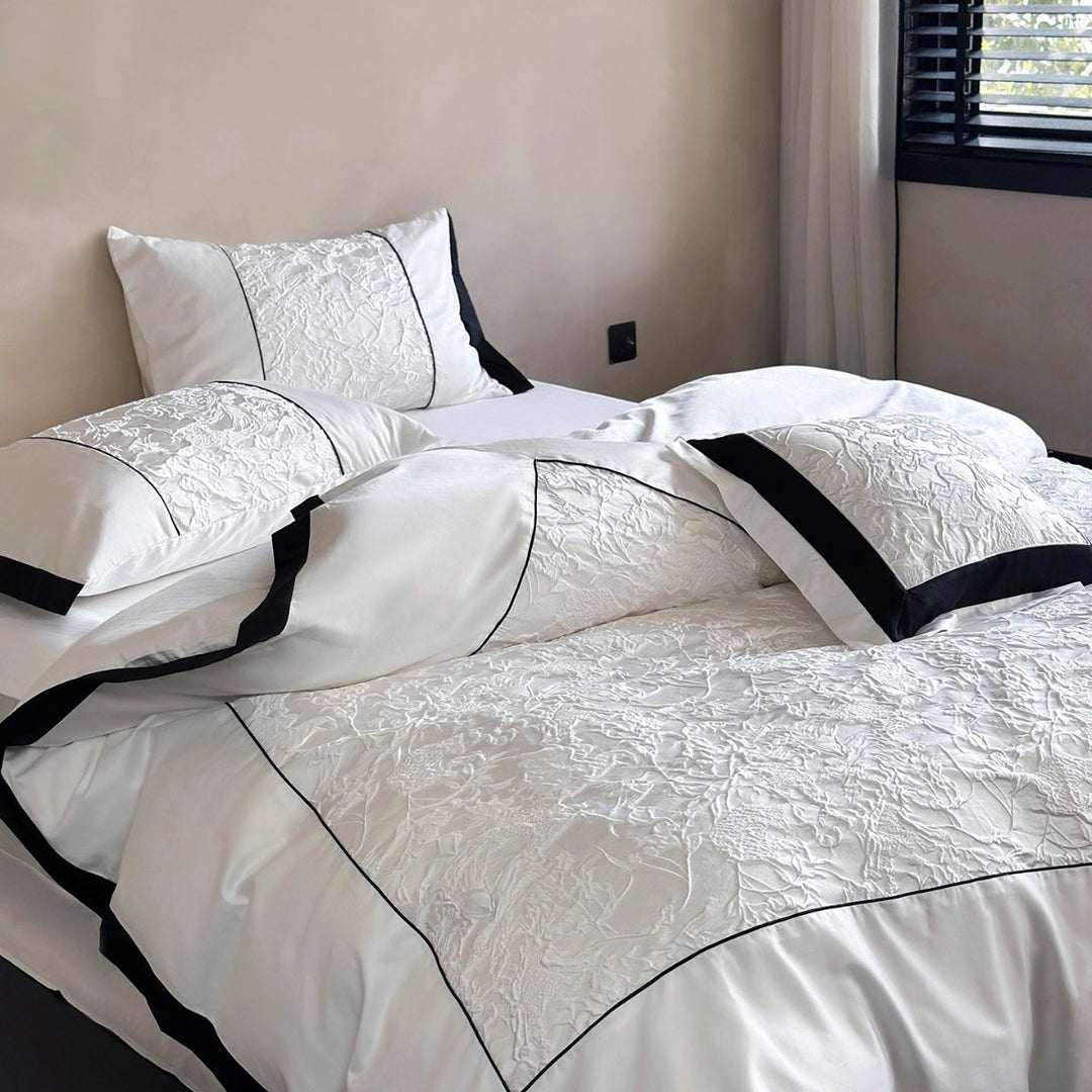 Textured Floral Matelassé Duvet Cover Set with Contrast Piped Border and Euro Shams