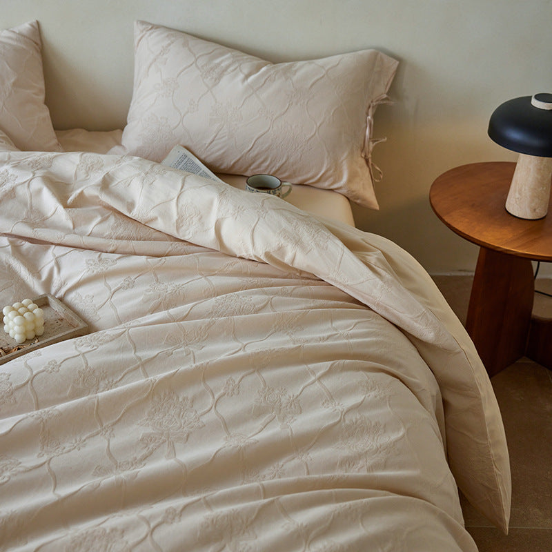 Embossed Botanical Jacquard Duvet Cover Set with Corner Ties and Envelope Shams