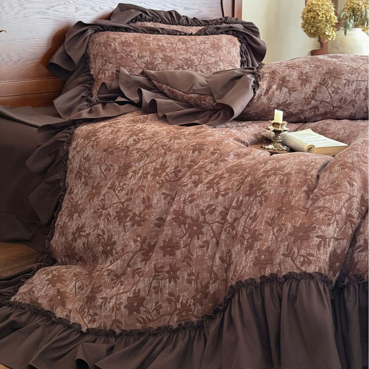 Floral Jacquard Ruffled Duvet Cover Set with Tailored Ruffle Hem