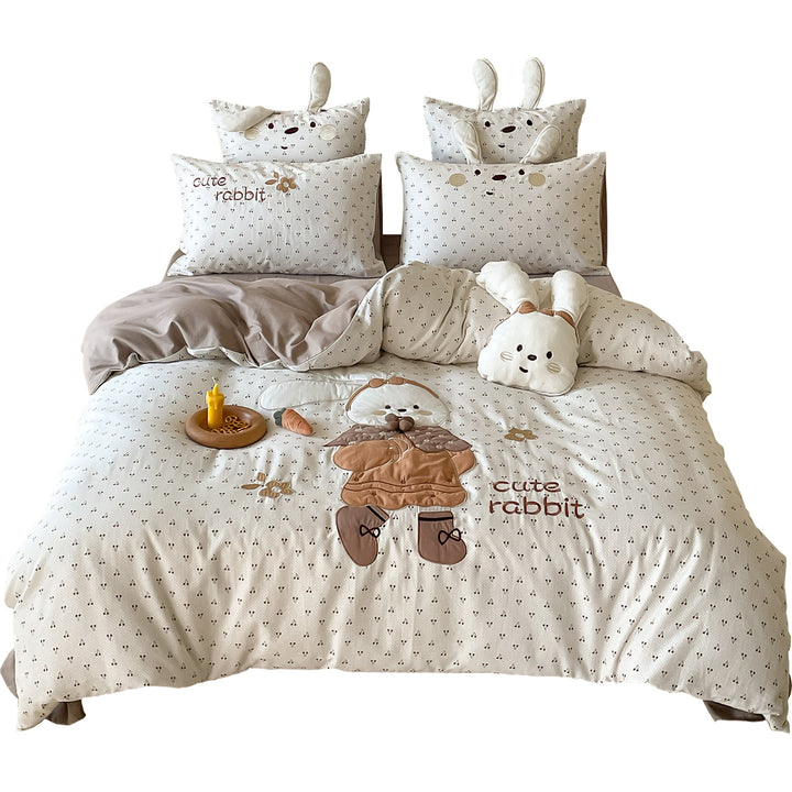 Children's Cotton Duvet Cover Set with 3D Rabbit Appliqué and Ear Pillow Shams