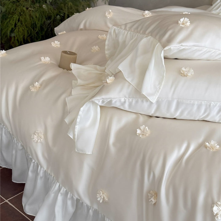 Ruffled Satin-Feel Floral Appliqué Duvet Cover Set with Decorative Shams